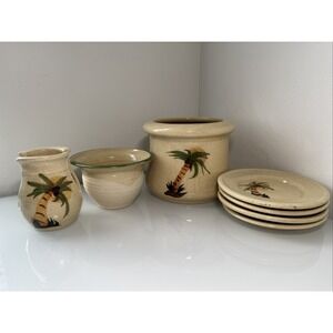 Contemporary Pottery Co. Palm Tree, Chiller, Dip Bowl, 4 Sm Plate, Napkin Holder